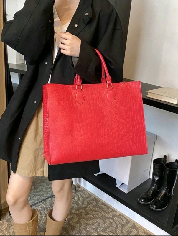 Vibrant Red Faux-Crocodile Large Top-Handle HandbagOversized Tote Bag gallery