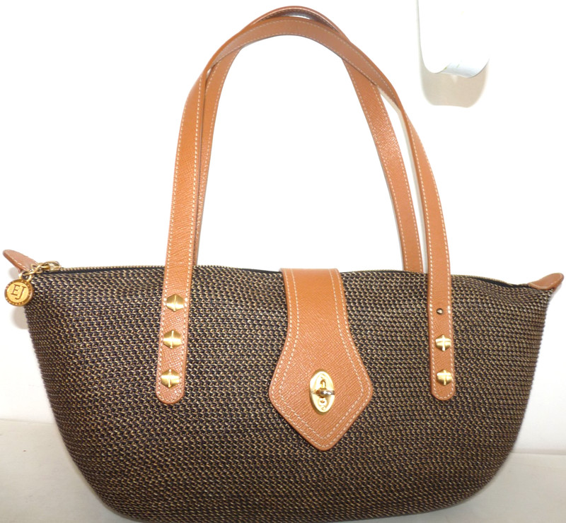 Eric Javits Squishee Black &Tan Straw Shoulder Bag Handbag - 14" x 7" & Mirror gallery