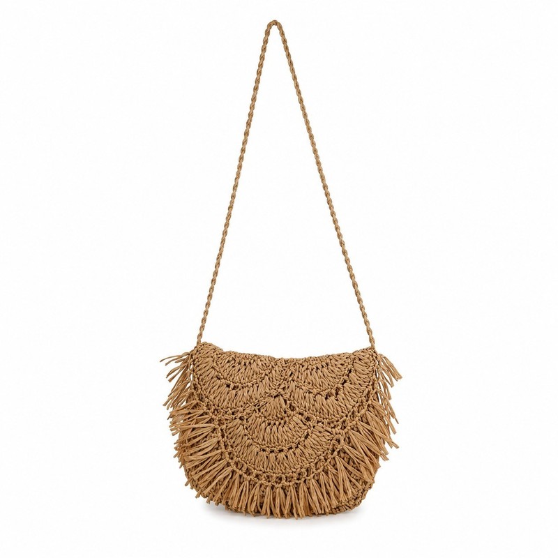 Women Boho Crochet Straw Shoulder Bag Hand Woven Summer Fringe Purse