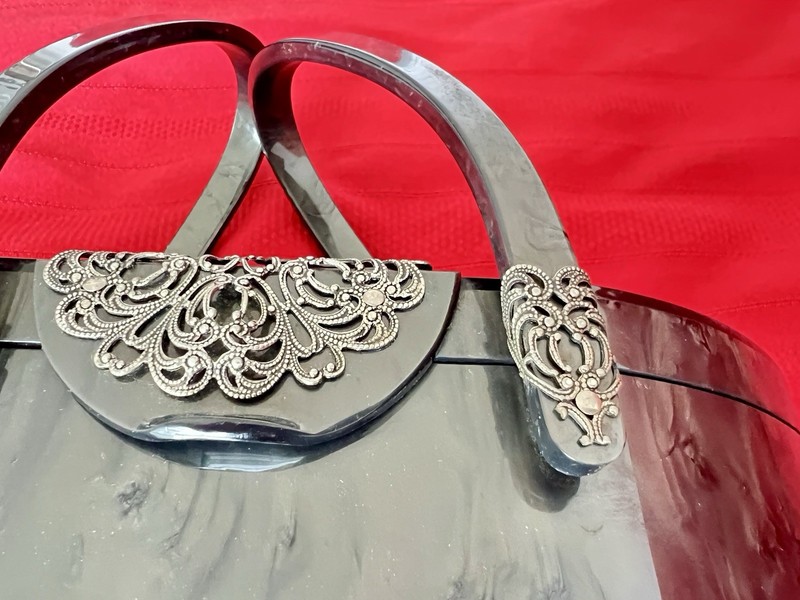 Wilardy Vintage Lucite Purse 1950s Black Marbled w/Mirror Double Handle Art Deco gallery