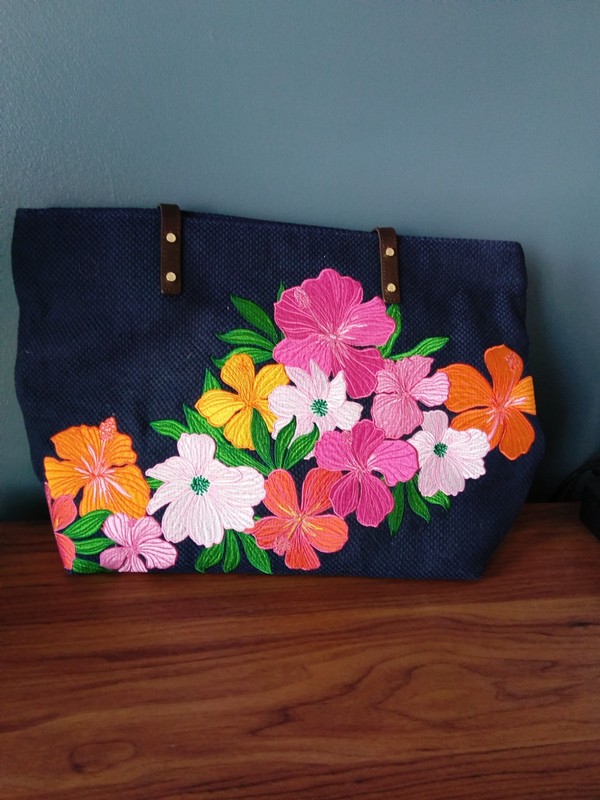 Tommy Bahama Floral Tote Bag Jute Blend Leather Trim Blue
