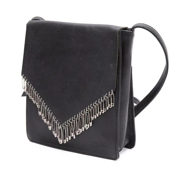 Jean Paul Gaultier Safety Pin Design Shoulder Bag Black Leather Women Crossbody