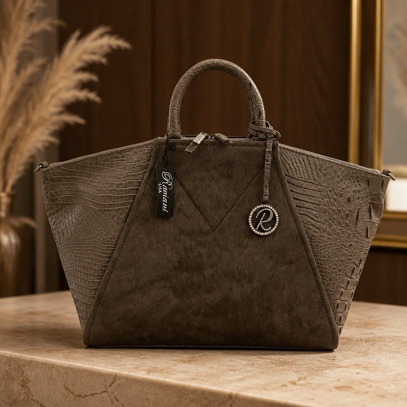 Raviani New Satchel in Gray Crocodile Embossed Cowhide Leather W/Shoulder Strap