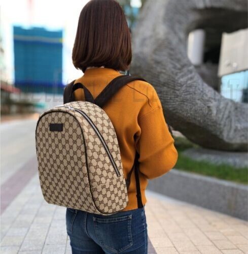 GUCCI EBONY BACKPACK GG MONOGRAM canvas BROWN LEATHER trim BAG
