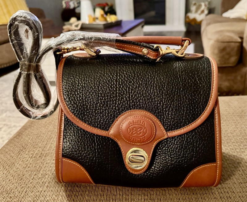 Alba Leather Handbag with Handle and Removable Strap. Black with Brown Trim