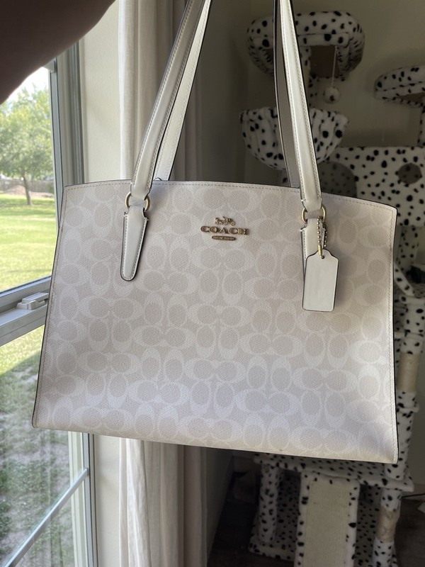 Coach Signature Logo Tote Shoulder Bag White Zip Closure Gold Hardware Charm