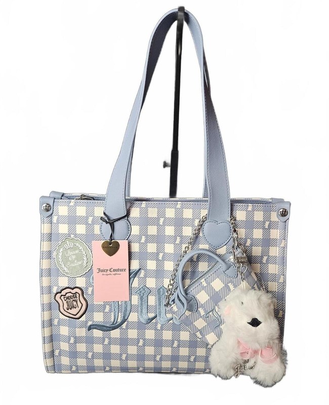 Juicy Couture Study In Style w Scottie Plaid Large Tote Dusty Blue NWT