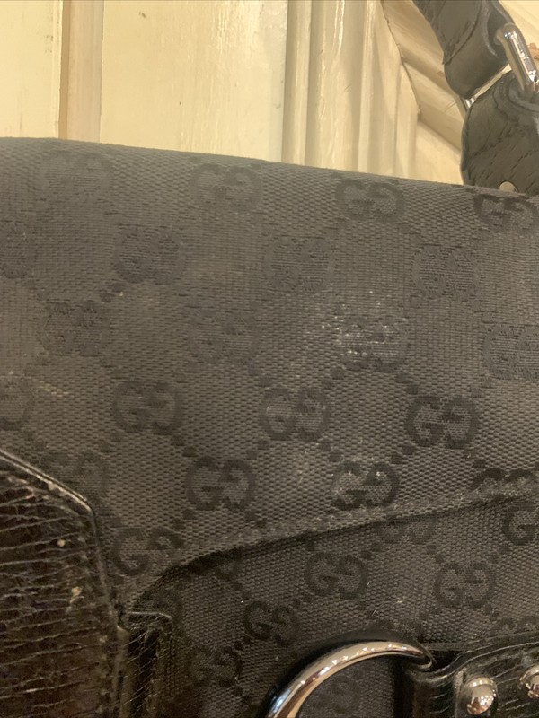 Authentic Gucci Studded Horsebit Chain Black GG Canvas Shoulder Bag Logo gallery