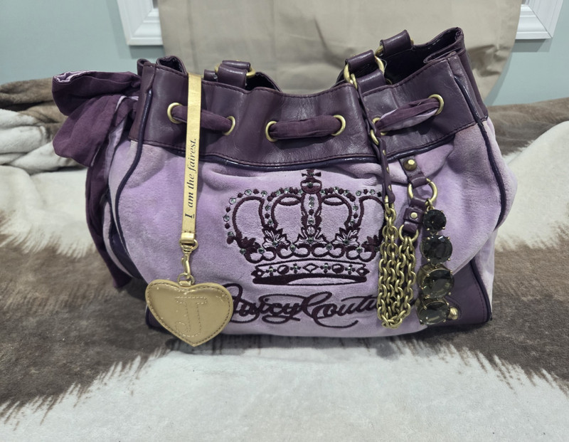Juicy Couture Purple Shoulder Bag Drawstring Crown Charm Gold Hardware Pockets