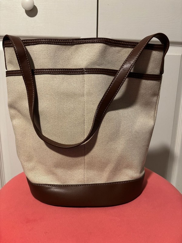 LOFT Canvas Bucket Tote Bag with Faux Leather Trim
