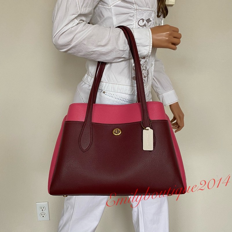 NWT Coach 654 Lora Carryall In Colorblock Wine Pink Pebble Leather Shoulder Bag