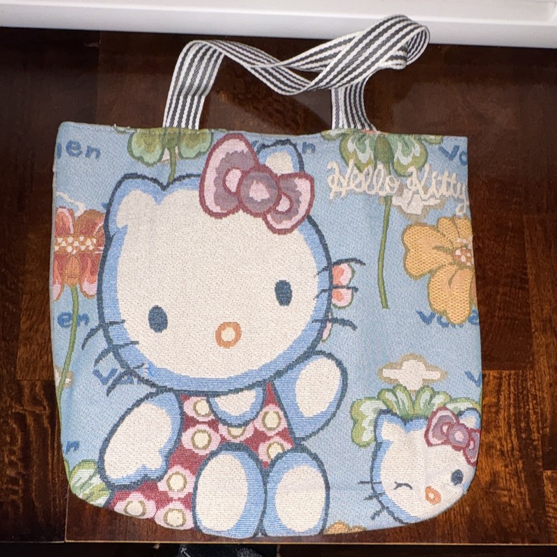 Hello Kitty Blue Floral Tote Bag Zip Top, Lined, Inner Pockets, Double Handles
