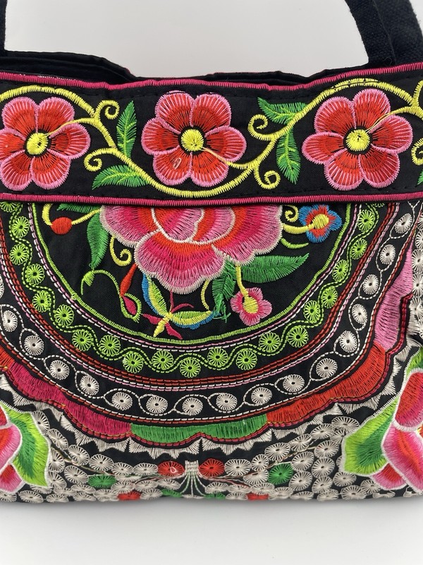 Embroidered Handbag Black With Vibrant Colorful Flowers On Both Sides Zippered gallery