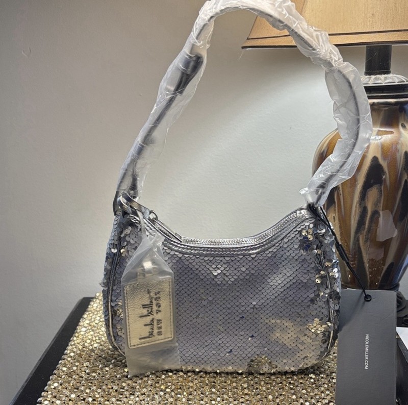 Nicole Miller Silver Metallic Zip Small Crescent Shoulder Bag Top Handle Party gallery