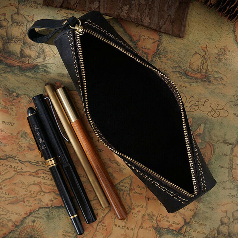 Retro Cowhide Leather Pen Pouch Zipper Pencil Case Stationery Storage Pen Bag gallery