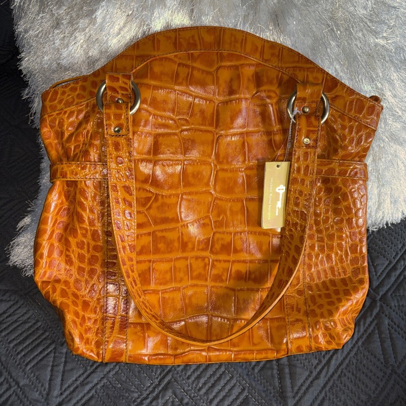 Michael Rome Burnt Orange Croc Embossed Crescent Shoulder Bag, Made In Italy
