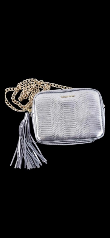 Victoria’s Secret Silver Crossdbody Purse Gold Heavy Chain Large Tassel