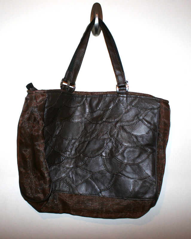 Womens Smateria Eco Friendly Leather Bag Brown Green Mesh Contrast Tote 14x5x11