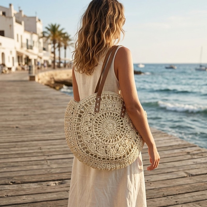 2 Styles Large Round Straw Tote Bag, Fashion Paper Woven Beach Bag gallery