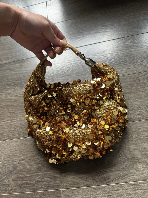 Women’s Gold Solid Sequin Handbag Metallic Top Handle Zip Inner Pockets gallery