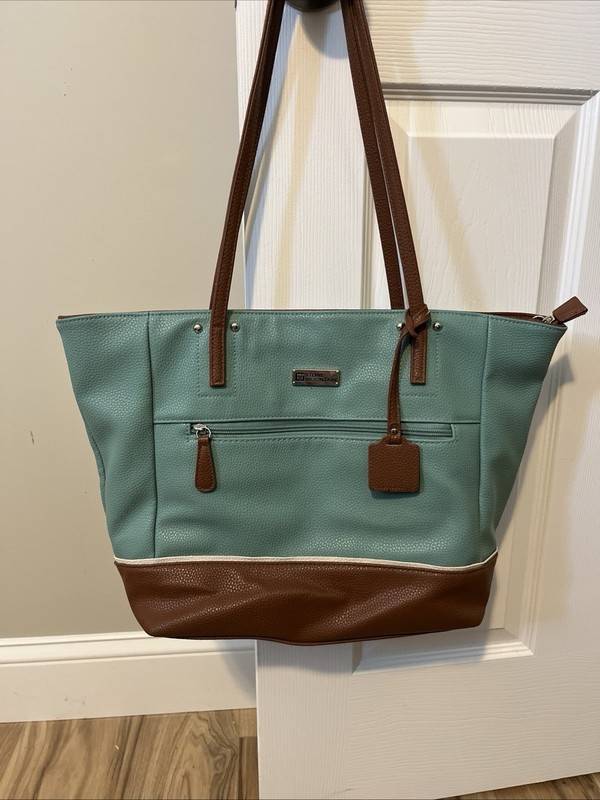 Stone Mountain Pebbled Teal Brown Shoulder Bag Silver Hardware Zipper Logo 17×11