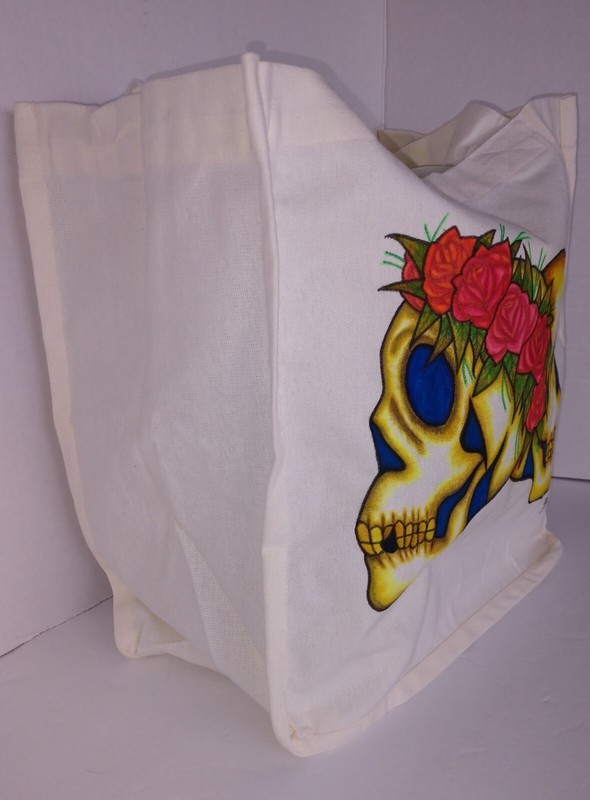 Skull Tote Bag With Hand Painted Skulls and Roses and Leaves Artwork 14x13x7 in gallery