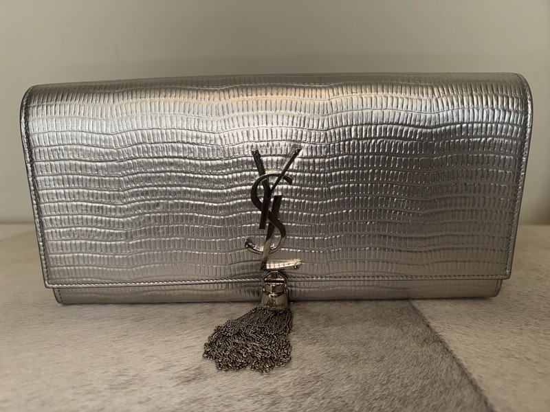 Saint Laurent Metallic Silver Croc Embossed Clutch Tassel Silver Hardware