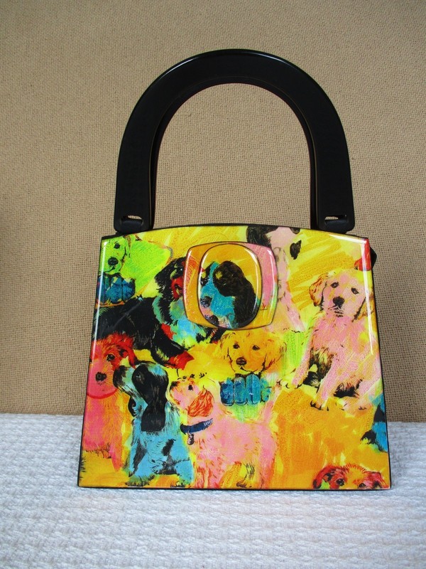 Angela Frascone Small Lacquered Handbag Purse Bag Dogs Puppies Used 7.5″