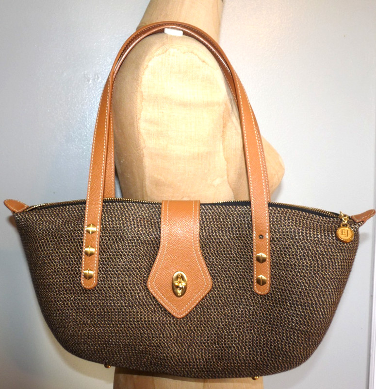 Eric Javits Squishee Black &Tan Straw Shoulder Bag Handbag – 14″ x 7″ & Mirror