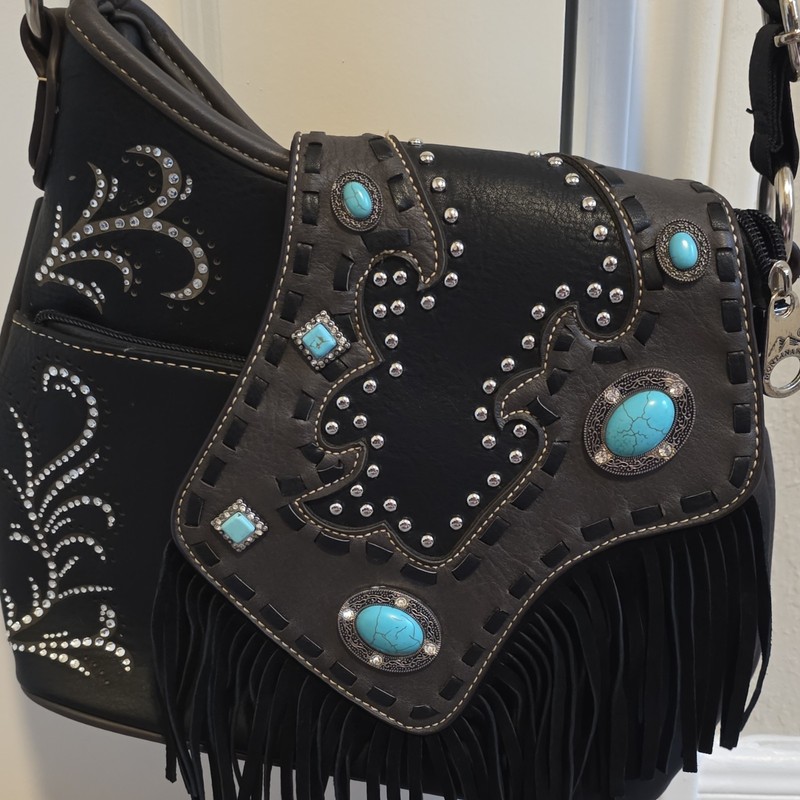 Montana West Western Fringe Studded Floral Shoulder Bag Zip Detachable Strap
