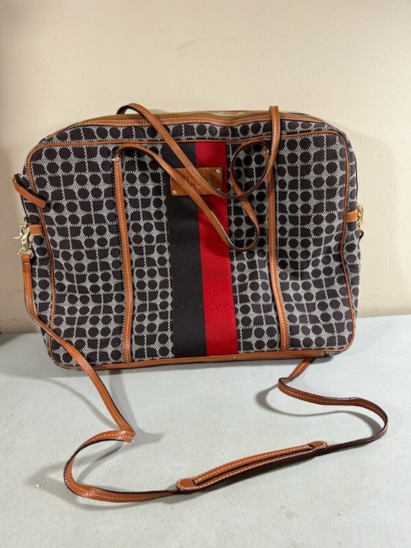 Large Kate Spade Brown & Red Patterned Fabric & Leather Zip Shoulder Bag