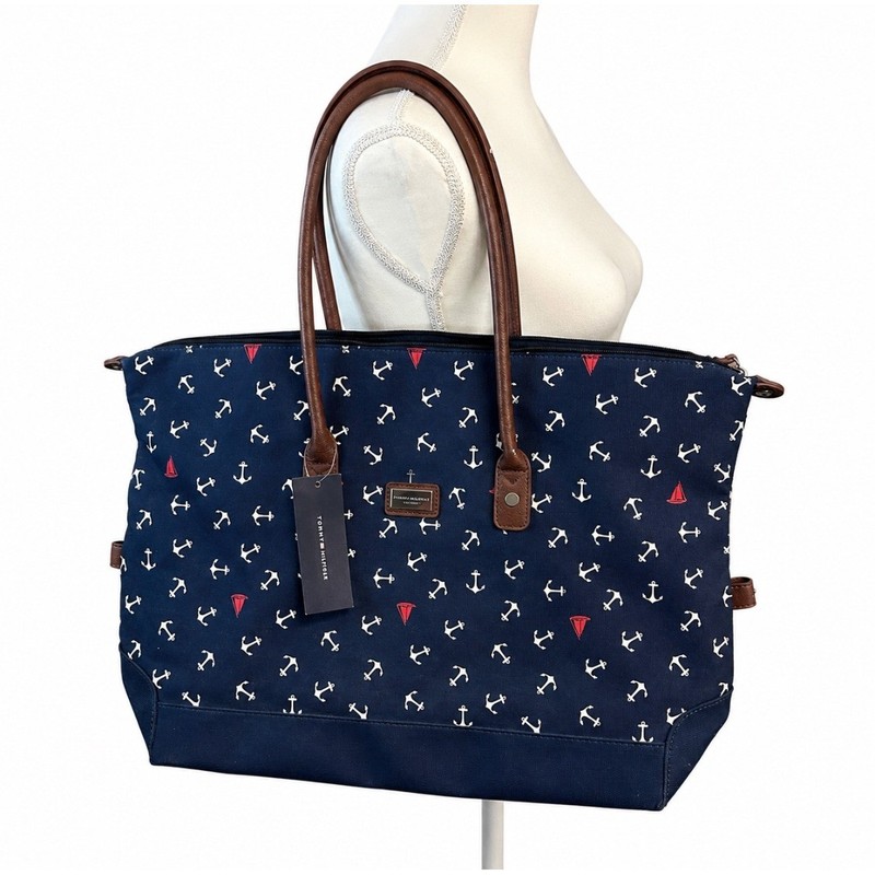 Tommy Hilfiger Nautical Tote Bag Navy Blue Anchor Sailboat Canvas NWT Travel