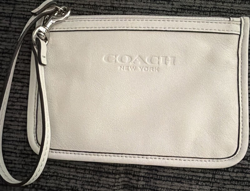 Coach New York Off White Embossed Logo Leather Slim Wristlet 4.5″ X 6 3/4″