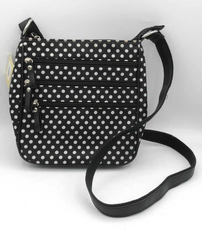 GAL Crossbody Multi Zipper Nylon Black with White Polka Dots NEW with Tags FLAW