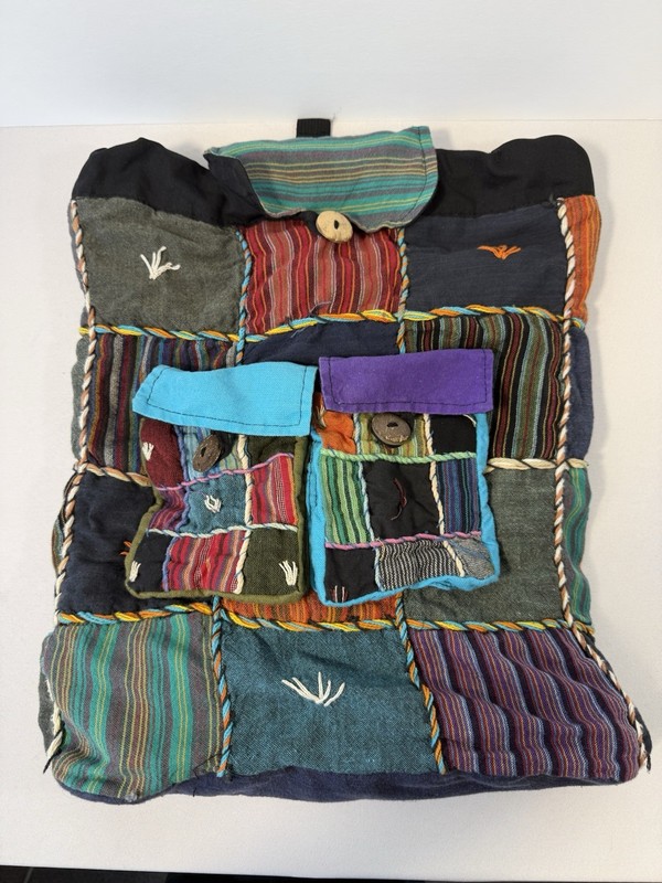 Boho Hippie Patchwork Backpack 100% Cotton Made In Nepal Pockets 18”hx13”lx5”d