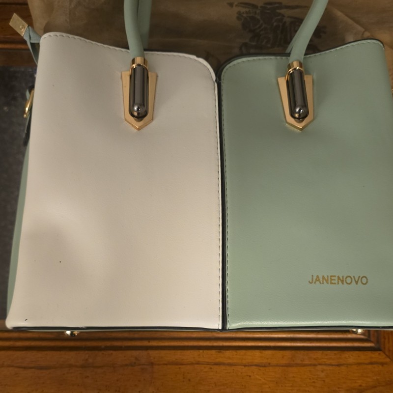 JANENOVO Green/White Colorblock Satchel Top Handle Zip Gold Hardware Pockets