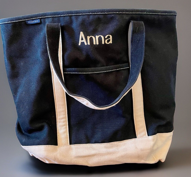 LANDS END Boat & Tote Canvas Black Natural Classic Zip Top 22Wx17Hx9W “Anna”