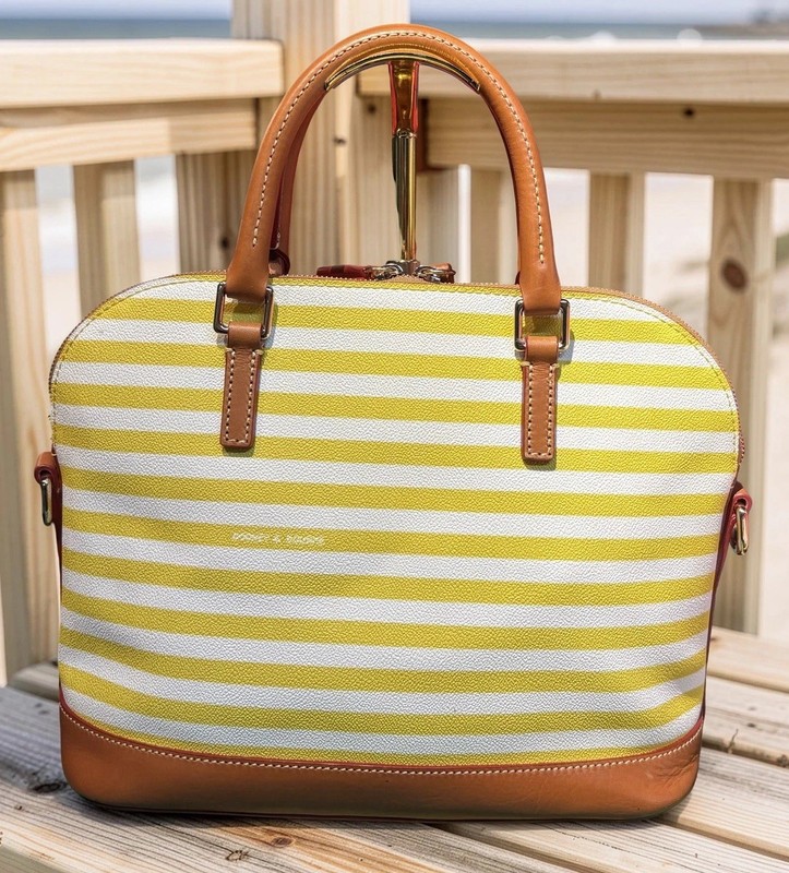 Dooney Bourke Sullivan Stripes Yellow White Zip Around Domed Satchel Bag Purse gallery