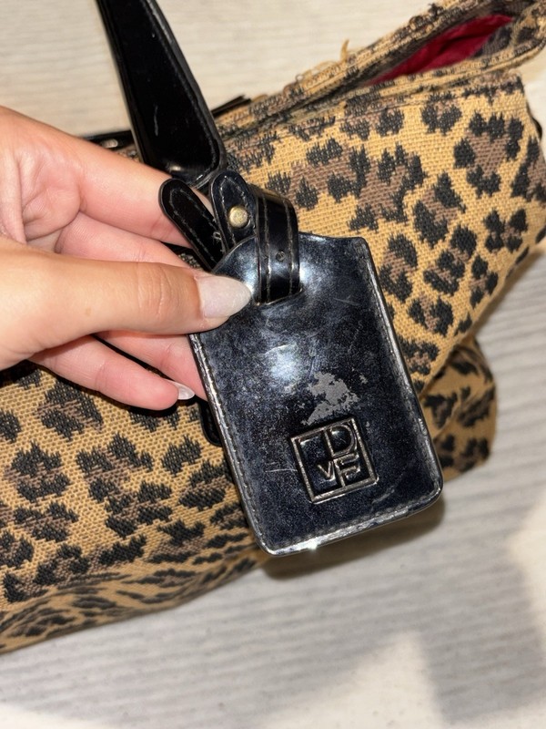 Leopard Print Satchel Top Handle Bag Tan/Black Zip, Detachable Strap, Red Lined gallery