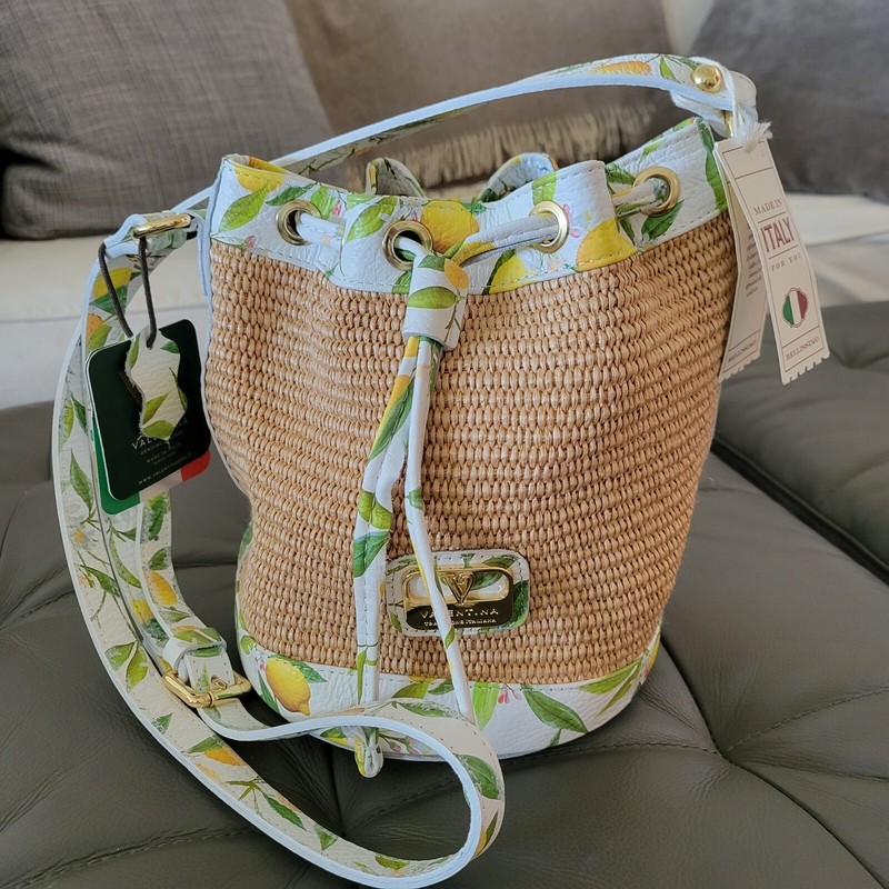 NWT Valentina Raffia Lemon Print Leather Trim Crossbody Bucket Bag Made In Italy
