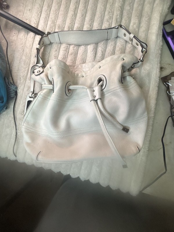 B. Makowsky White Leather Drawstring Shoulder Bag