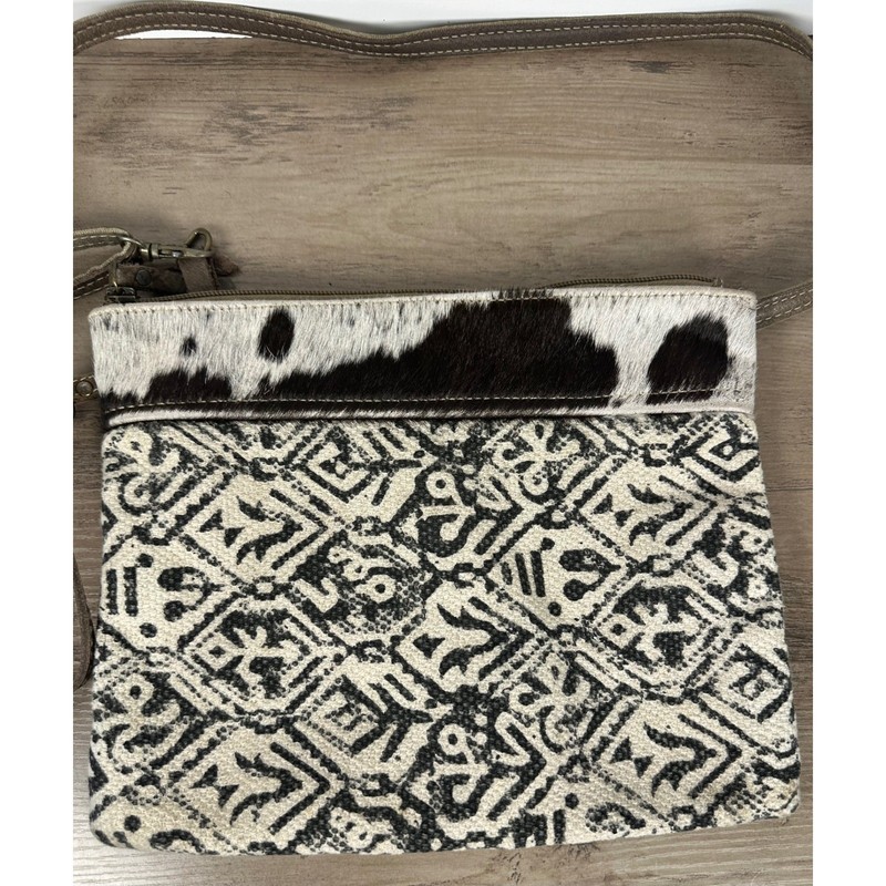 Myra Bag Upcycled Canvas Cowhide Trimmed Geometric Tribal Crossbody Bag Purse gallery