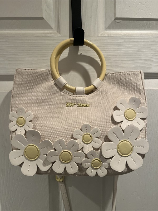 NWOT Betsey Johnson Crossbody Handbag Purse Canvas Applied Flowers Yellow (BC)