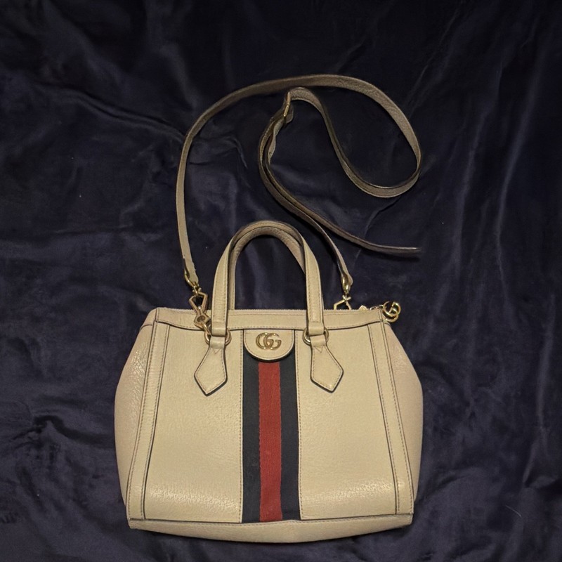 Gucci Beige Web Stripe Top Handle Satchel Zip Gold Hardware Detachable Strap