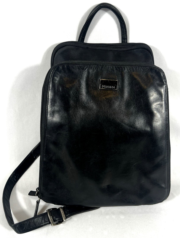 Vtg Perlina NY Black Leather Backpack Bag Padlock Pulls Purse Crossbody Strap