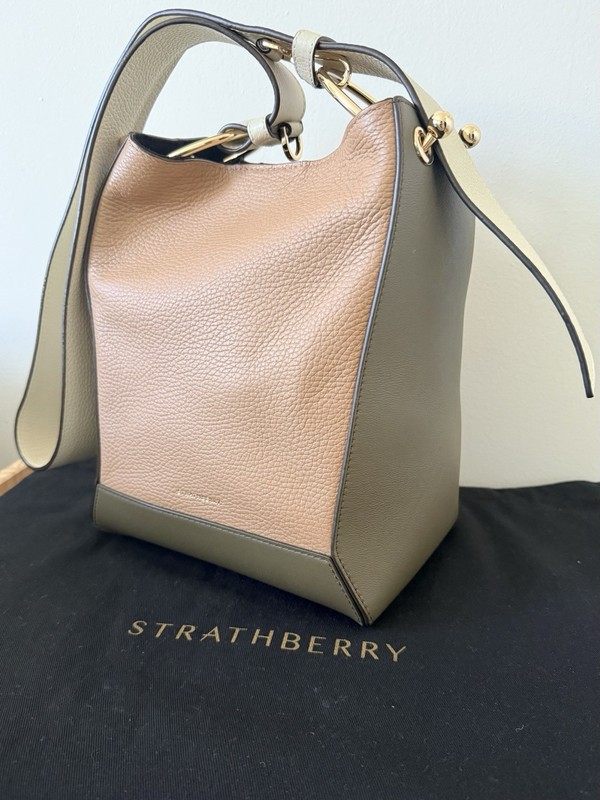 Strathberry Lana Midi Bucket Bag Tricolor Khaki/Caramel/Diamond Tags Attached gallery