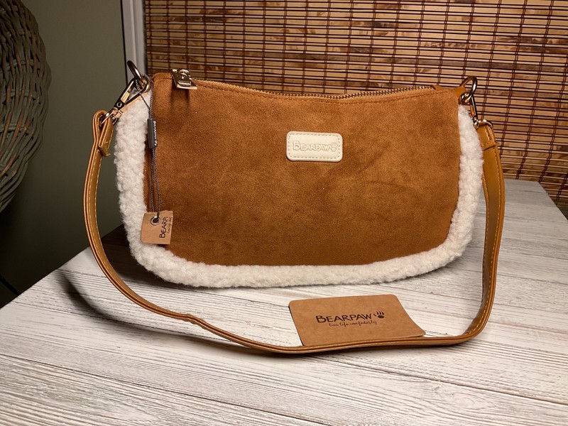 Bearpaw Shoulder Bag Purse Faux Suede Shearling Trim Brown