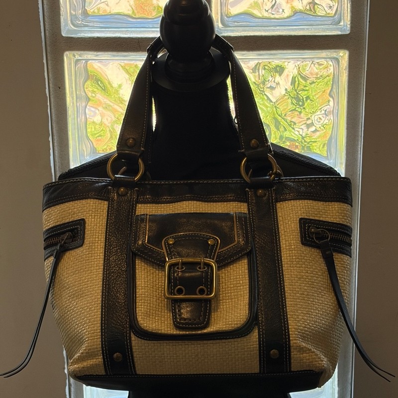 Vintage Coach Straw and Leather bag with brass hardware