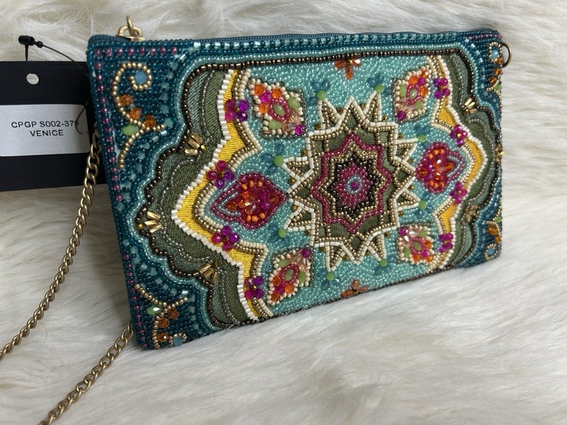 Mary Frances Venice Beaded Crossbody Phone Clutch Handbag Blue Pink Gold-tone