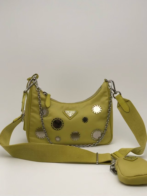 Prada Re-Edition 2005 Olive Nylon 3-in-1 Hobo Bag Mirror Decor Chain Strap